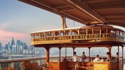 large wooden Victorian pleasure steamboat flying above a city, balconies, verandas