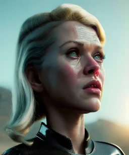 Ultra Realistic retro sci-fi movie, people, classic ovni, 1960 year, waist up view portrait, blonde woman, sweet teenager Jane Fonda face, glow rays eyes without pupil, face makeup, tight latex coat, retro glass helmet, Retro sci-fi style, soft color, highly detailed, unreal engine 5, ray tracing, RTX, lumen lighting, ultra detail, volumetric lighting, 3d, finely drawn, high definition, high resolution.