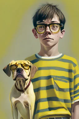 10 year old normal Norman in a striped yellow shirt and glasses, with a dog named spectacular spot standing side by side