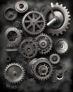 gears, gears, V-belts, pistons, maometers, smoke, steam