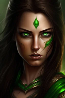 Hot brunette warrior woman with green eyes