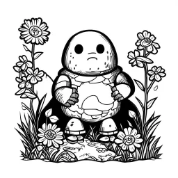 Make black and white cute drawing of a golem with black bold lines. Only outline, no grayscale. A friendly, moss-covered stone golem holding a tiny bird in one hand. Place it in a magical forest setting with flowers growing along its rocky body.