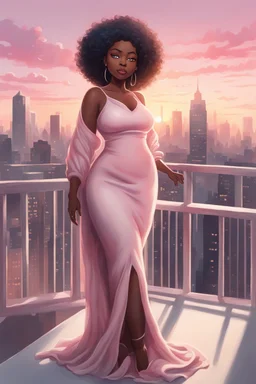 The scene opens onto a serene balcony overlooking a bustling city skyline. The sky above is painted in soft hues of pink and gray as the sun begins its descent, casting a warm glow over everything it touches. In the foreground stands a captivating figure, airbrush chibi cartoon curvy black woman exuding confidence and elegance. She is adorned in a flowing white knit maxi dress that hugs her curves in all the right places, accentuating her silhouette. Her choice of footwear is equally stunning