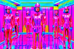 Hyperrealistisch stämmige, üppige Frauen völlig verhüllt von identischen pinkfarben glänzenden Ganzkörper-Zentai mit geschlossenem Visier in pinkfarbenem, geschlossenem Helm stehen Schlange vor Drehkreuz auf gekacheltem Flur