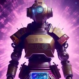 A portrait of a crystalised robot samurai with yakuza tatu, atmospheric, realistic, unreal engine cosmic galactic, cinematic lighting, octane render, random colors, transparent, cosmic ambiance, masterpiece, art by Yoji Shinkawa, composing fit inside