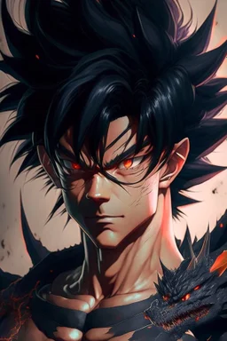 a man with black hair and a dragon on his chest, black dragon, highly detailed portrait of goku, ultra hd anime wallpaper, masayoshi suto and artgerm, anime epic artwork, hd anime wallpaper, son goku, goku, gogeta, dragon ball, wild spiky black saiyan hair, detailed anime artwork, ancalagon the black