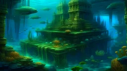 An ancient city under the ocean, whose buildings are covered in coral and luminous algae. The amphibious inhabitants of Atlanthea have developed architecture that glows with bioluminescence, and the city is surrounded by underwater gardens and exotic sea creatures.