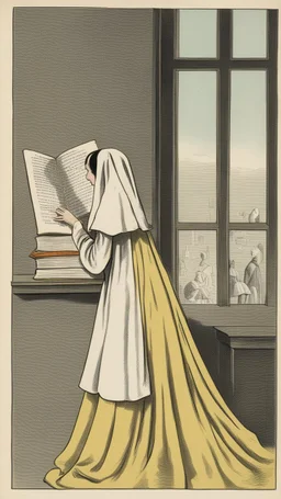 A woman wearing a veil and a wide skirt, and pictures from behind, is reading a book