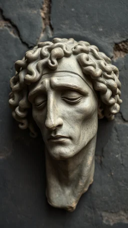 Ceramic style picture all colours are dark gray of an old church from the 1200 BC in it a head of dead man with thick curly hair and his eyes are closed