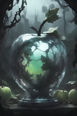 (Close mid-shot), Krenz cushart style, grey somber filter, ultra detailed visually rich 2d cartoon manga concept art illustration of a glass apple, created with the main focus on the mechanical post apocalyptic overgrown wilderness style from Horizon: forbidden west, (((candid photography))), luminous and enchanting, dark and eerie, lit dark fantasy realm, (((rule of thirds))) depth of field intricate details, subtle colors, fantastical realm, extremely detailed, ultra sharp focus, light particl