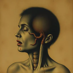 Human subconscious stain, homogenized obsolescence horror, by Pawel Kuczynski and Simon Bisley, surreal, grainy mixed media image, sinister