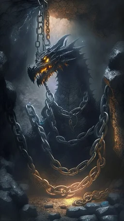 chained, black dragon, dark cave