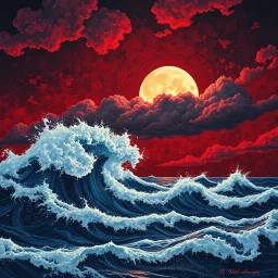 Red Skies at Night: A single integrated pointillist image, animated waves and storm clouds partially occludes the huge moon, nighttime over a trippy tilted storm at sea, strong style of pointillism, style of Mikalojus Konstantinas Ciurlionis, style of Miriam Schapiro, style of Naomi Okubo