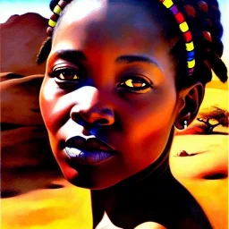 Drawing of 'woman from Himba tribe',sweet stare,painting by Earl Norem, simon Bisley,frazetta,西嘛哒, evan lee, Vallejo,kelly,Paul Gauguin oil on canvas, cinematic composition, extreme detail,fit full head inside picture,8k