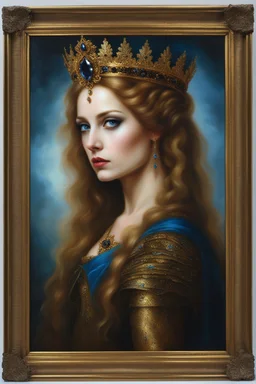 Gothic Gold framed painted portrait of a beautiful queen. her hair is long and light brown in colour and she has blue eyes, dark fantasy