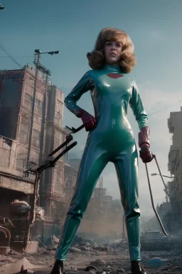 retro sci-fi press image, supermarket explosions from 1960, sweet young Jane Fonda, tight latex suit, weapon, fighting stance, soft color, highly detailed, unreal engine 5, ray tracing, RTX, lumen lighting, ultra detail, volumetric lighting, 3d, finely drawn, high definition, high resolution.