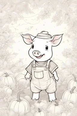 Piggy's Pumpkin Patch Adventure: A jovial piglet, dressed in tiny overalls, happily navigating a pumpkin patch. The overalls have intricate mandala-style patterns, and the clear line art gives a charming, rustic feel. The background is a serene white.