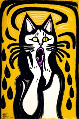 Cat holding her head with her hands. The scream Edvard Munch. Painting style of Edvard Munch