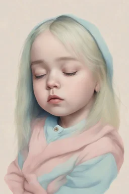 Illustration of billie eilish as a toddler, sleeping, style of Marcel Marlier, pastel colors