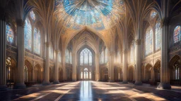 futuristic fantastic symmetrical cathedral internal view, year 2080, sunshine, beautiful, colorful, totally symmetrical design, style William Morris, English arts-and-crafts movement, innovative architecture, award-winning photograph, awesome, serene, inspiring, spiritual, impressive, Cinematic lighting, Epic composition, Photorealism, Very high detail, Unreal Engine, Octane render, HDR