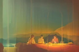 ochre caricarure of dinner in candlelight, double exposure waterfall landscape at night