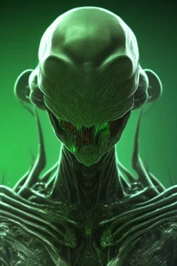 green alien, head, evil, black eyes, weapons, blood, 8k, finely detailed, photo realistic, HR Giger style