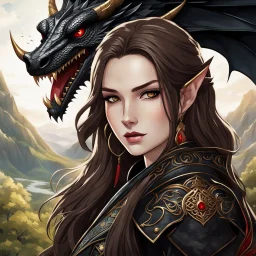 Icon or avatar. An arrogant looking young woman with pale skin and long brown hair in an outdoor fantasy setting with intricate details with a dragon flying in the far distance. She is smirking, wearing black and read leather, has red eyes, an air of malevolent power surrounds her. Anime style. High definition.