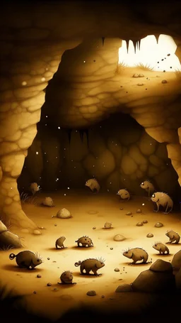 A tan cavern with moles designed in cave paintings