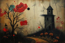 folk art of a hand painted antique canvas of a Risograph Art of a Art ,into the moody backdrop creates an atmosphere of enchantment and mystery high resolution fine detailed textures fine colors scratches, tears, burn marks, cracks in the paint in the mix style of Joan Miro Gabriel Pacheco, antique extreme canvas textured, blurry old style