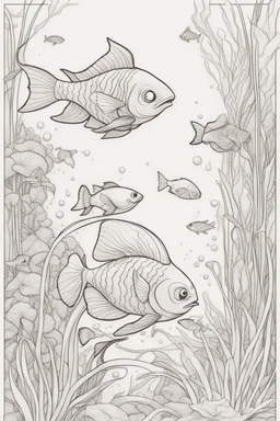 stress relief themed coloring page for adult, A whimsical underwater scene with colorful fish and gently swaying aquatic plants, cartoon style, thick outline, low details, no shading, no color