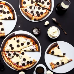 pizza with white chocolate, black chocolate, napkins, black table