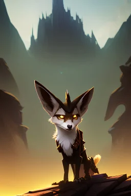 Fennec like creature, big furry tail, golden fur, dark nose, pointy dark ears, big eyes, in desert. D&D, fantasy, intricate, elegant, highly detailed, digital painting, artstation, octane render, concept art, matte, sharp focus, illustration, hearthstone, art by Artgerm and Greg Rutkowski and Alphonse Much