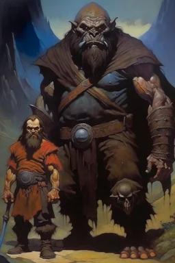 1970's dark fantasy cover dnd style oil painting of an gigant orge with a half head hobo like hero with sport outfits with minimalist far perspective. Magazine.