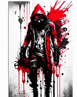 Banksy style. Full body. Vibrant and dynamic masterpiece with fluid patterns forming a killer Cyborg with hood and gas mask, its eyes are intense. Red, white and black colors, creating a fascinating effect.