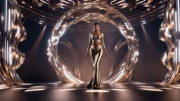 a 16 by 9 picture of 3d fractal stage structre made of metallic color 3d recursive structures, pertty artistc background,dynamic animating lights,a beautiful lady in pretty maxi skirt and blouse dancing on stage