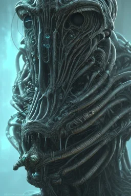 evil predator with crown, alien, brutal face, tron, head, burn eyes, 8k, finely detailed, dark light, photo realistic, hr giger, cyberpunk