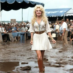 alluring young Dolly Parton on stage at Woodstock, she is 19 years old, Woodstock is well of mud and beatnik attendees, her long wavy blonde hair and her square jaws make her unique, she stands up with muddy sandals