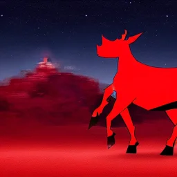 red samurai riding a red rhino, full moon background