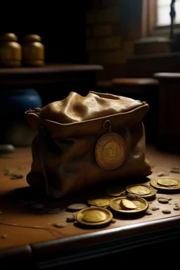 in the BASEMENT there is an old, broken brown oblong leather chest with short handles, from which gold coins from the time of Catherine the Great fall out. The ancient coat of arms of tsarist Russia, the double-headed eagle, is BARELY VISIBLE on the bag. There are a lot of broken bricks and earth around the bag. All in high quality 8K