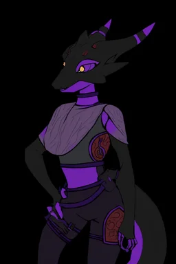 a black and purple, female argonian artificer who uses Tesla coils as weapons, skinny, lightly armored