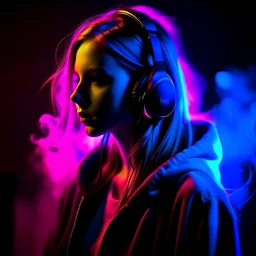 Girl, headphones, neon light, smoke,