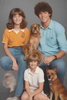 full color image, 1980's yearbook photo, teenager, Shaggy and Daphney and Scooby Doo the dog, 14 years old, photorealistic, --ar 9:16 --style raw