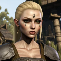 A bosmer female barbarian from Morrowind with short blond hair and black eyes