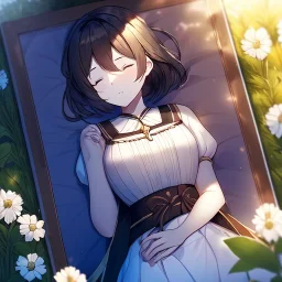 anime girl sleeping in a far away distance. field of flowers. trees are in the distance. girl is sleeping underneath a willow tree in the distance, picture is not upclose, looking at the girl who is far away in the distance