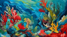 Paint an abstract underwater or marine scene, with corals and sea creatures distorted by perspective, using vivid colors mixed with earth tones, dense textures and visible layers of paint, inspired by the technique of Miquel Barceló and his almost sculptural treatment of color and matter