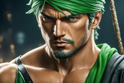 Zoro in 8k live action anime artstyle, one piece them, Young man, dynamic pose, intricate details, highly detailed, high details, detailed portrait, masterpiece,ultra detailed, ultra quality