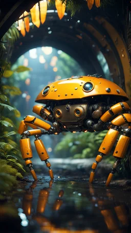 magazine cover, metallic yellow orange crab robot chivalry knight with cute face in dark lit reflective wet jungle metallic hall dome hotel tunnel, in the style of fallout 4 game,bokeh like f/0.8, tilt-shift lens 8k, high detail, smooth render, down-light, unreal engine, prize winning