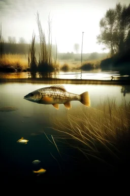 fotografía en doble exposición de un humedal inundado y un perfil de peces en un ambiente tranquilo
