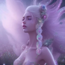 one big crystal glitter pink blue subtle galactic fairy in a galactic ambiance,glitter long blond hair down to the ground,transparent petals,blue eyes,delicate colors in the foreground, full of details, smooth，soft pink violet light atmosphere, light effect，vaporwave colorful, concept art, smooth, extremely sharp detail, finely tuned detail, ultra high definition, 8 k, unreal engine 5, ultra sharp focus