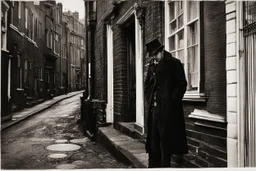 man in dark clothing, hiding around a corner while looking down on a brightly lit Victorian street